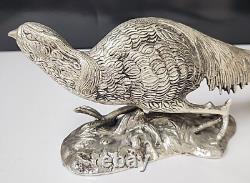 Paire Antique Vintage de Sculptures en Métal Argenté de Faisans 19 x 5 x 3