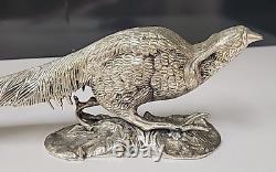 Paire Antique Vintage de Sculptures en Métal Argenté de Faisans 19 x 5 x 3