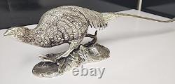Paire Antique Vintage de Sculptures en Métal Argenté de Faisans 19 x 5 x 3