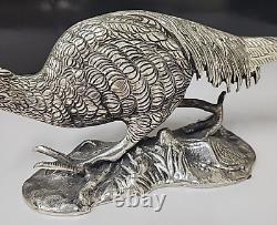 Paire Antique Vintage de Sculptures en Métal Argenté de Faisans 19 x 5 x 3