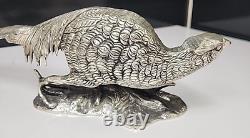Paire Antique Vintage de Sculptures en Métal Argenté de Faisans 19 x 5 x 3