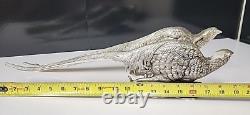 Paire Antique Vintage de Sculptures en Métal Argenté de Faisans 19 x 5 x 3