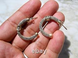 Paire Classique Vtg Solide Serling Silver 14k Yellow Gold'x' Hooop Earrings 1990's