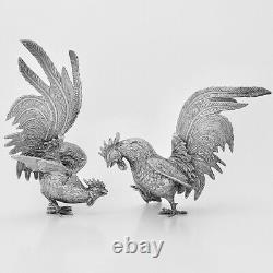 Paire De Figurines De Cockerel Rooster De Plaque D'argent Vintage Antique Ornement
