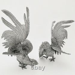 Paire De Figurines De Cockerel Rooster De Plaque D'argent Vintage Antique Ornement