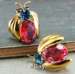 Paire De Pinces À Fourrure D'insectes En Argent Sterling Des Années 1950, Bleu Et Rose