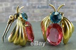 Paire De Pinces À Fourrure D'insectes En Argent Sterling Des Années 1950, Bleu Et Rose
