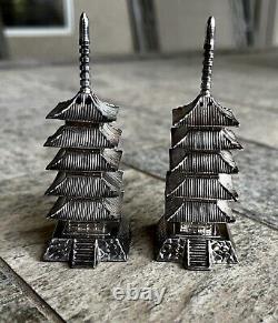 Paire De Vieux Temple Japonais Pagode Sterling Silver Sel & Pepper Shakers