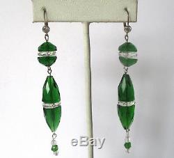 Paire De Vintage 3 3/4 Pouces Deco Green & Clear Crystal Boucles D'oreilles En Argent Sterling