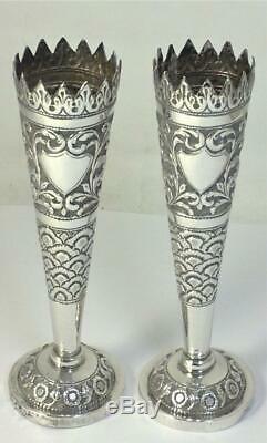 Paire De Vintage En Argent Sterling Bud / Posy Vases (indian Kutch Style) 5.3