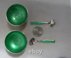Paire De Vintage Meka Sterling Silver Emerald Green Salt Cellars Avec Cuillères