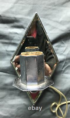 Paire De Vtg Chrome Laiton Diamant Beveled Miroir Sconce Murale Luminaires 1907-22b