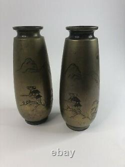 Paire Millésime/antique Vases Japonais En Bronze Mélangé Métal Avec Argent