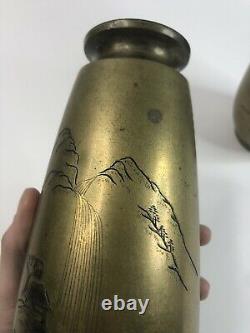 Paire Millésime/antique Vases Japonais En Bronze Mélangé Métal Avec Argent