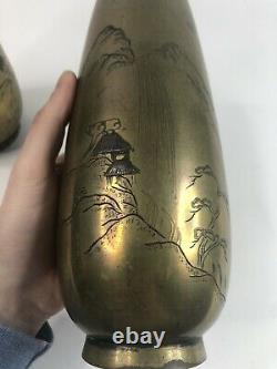 Paire Millésime/antique Vases Japonais En Bronze Mélangé Métal Avec Argent