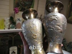 Paire Sterling Silver Vintage Antique Vase Chinese Japanese Hallmarked Scholar