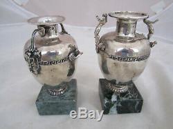 Paire Vintage. 925 Miniature Argent Sterling Vases Figural Grec Clé Motif Nr