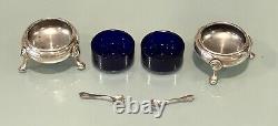 Paire Vintage Antique England Sterling Argent Cobalt Insert Sel Sell Spoons