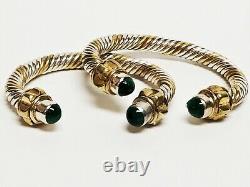 Paire Vintage Argent 925 Malachite Câble Manchette Bracelets Taxco Mexique