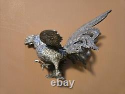 Paire Vintage De Coqs En Argent Massif Se Battant. Sculpture. Italienne