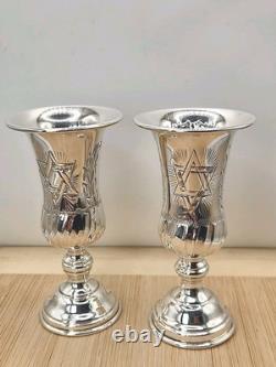 Paire Vintage De Coupes Kiddush En Argent Massif Fabriquées À La Main Étoile De David