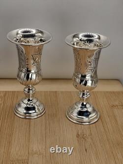 Paire Vintage De Coupes Kiddush En Argent Massif Fabriquées À La Main Étoile De David