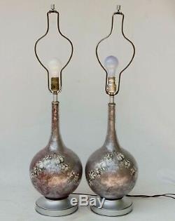 Paire Vintage De Lampes De Table À Transfert En Verre Decoupage Argent / Gris / Rouge C1960s