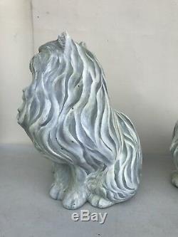 Paire Vintage De Statues De Chat Persan En Céramique Taille Réelle Argent & Yeux Verts Gris