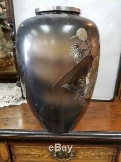 Paire Vintage De Vases Japonais Métal Mixte Or Argent Bronze Sculpté, Gravé Et Gravé