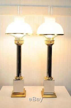 Paire Vintage Lustre & Colonne Chrome Néoclassique MID Century Modern Lampes De Table