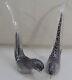 Paire Vintage Oiseaux Murano Italie Noir & Argent Feuille 11.5 Figurine En Verre Art