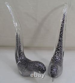 Paire Vintage Oiseaux Murano Italie Noir & Argent Feuille 11.5 Figurine en Verre Art