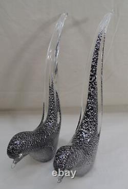 Paire Vintage Oiseaux Murano Italie Noir & Argent Feuille 11.5 Figurine en Verre Art