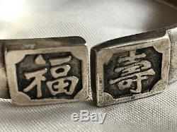 Paire Vintage Oriental Plaque D'argent Chinois Bracelet Bangles Dragons Repousse