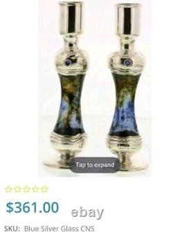 Paire Vintage de Bougeoirs en Argent 925 et Verre Coloré Bleu