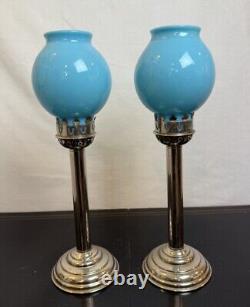 Paire Vintage de Bougeoirs en Argent avec Abat-Jours en Verre Turquoise