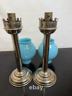 Paire Vintage de Bougeoirs en Argent avec Abat-Jours en Verre Turquoise
