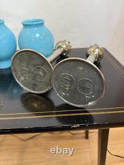 Paire Vintage de Bougeoirs en Argent avec Abat-Jours en Verre Turquoise