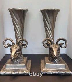 Paire Vintage de Vases Cornucopia en Tête de Bélier Métal, Lourd Plus de 30 lbs Grand 14 H