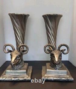 Paire Vintage de Vases Cornucopia en Tête de Bélier Métal, Lourd Plus de 30 lbs Grand 14 H