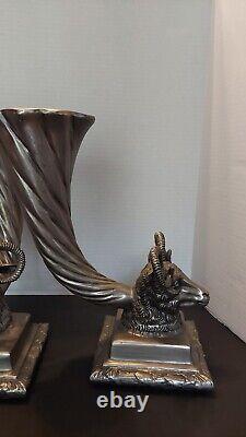 Paire Vintage de Vases Cornucopia en Tête de Bélier Métal, Lourd Plus de 30 lbs Grand 14 H