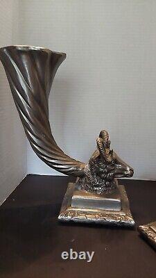 Paire Vintage de Vases Cornucopia en Tête de Bélier Métal, Lourd Plus de 30 lbs Grand 14 H