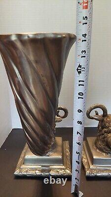 Paire Vintage de Vases Cornucopia en Tête de Bélier Métal, Lourd Plus de 30 lbs Grand 14 H