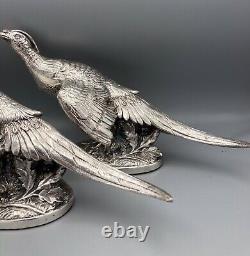Paire Vtg Superbe Détail Figurines D'oiseau De Phéasant Plaqué Argent Sur Les Bases Ovales 11.5
