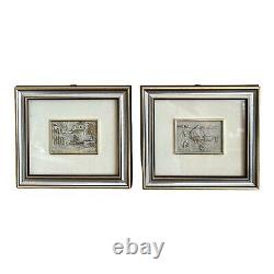Paire d'Art Vintage Italien avec Flocons d'Or sur Cadre en Argent Sterling
