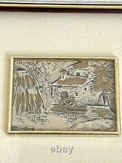 Paire d'Art Vintage Italien avec Flocons d'Or sur Cadre en Argent Sterling