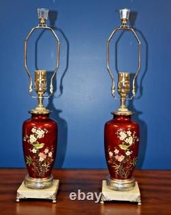 Paire de 23 lampes vintage en cloisonné japonais, couleur rouge cerise, toutes les pièces neuves.