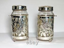 Paire de 2 bocaux à épices en verre vintage avec revêtement en argent sterling à motif floral