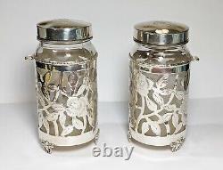 Paire de 2 bocaux à épices en verre vintage avec revêtement en argent sterling à motif floral