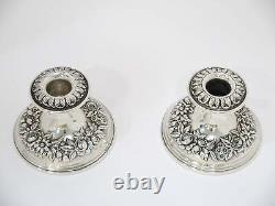 Paire de 4 bougeoirs rétro en argent sterling S. Kirk & Son avec motif floral en repoussé